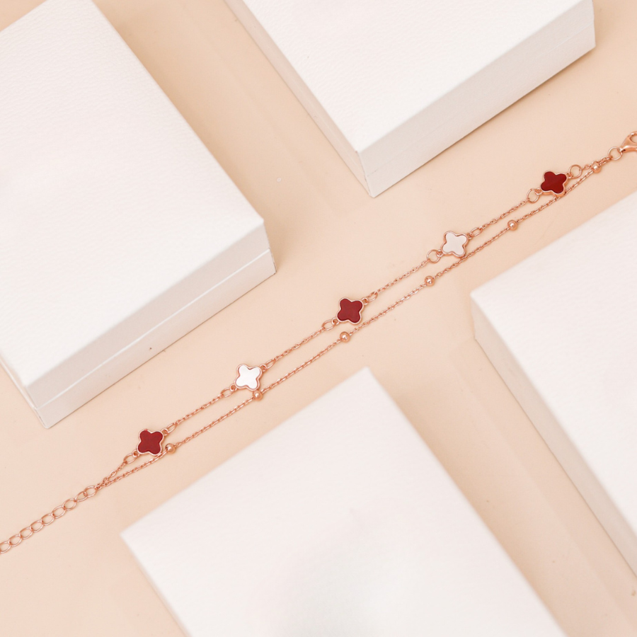 ELOREVA 18K Rose Gold Plated Ruby Clover Bracelet – 925 Sterling Silver