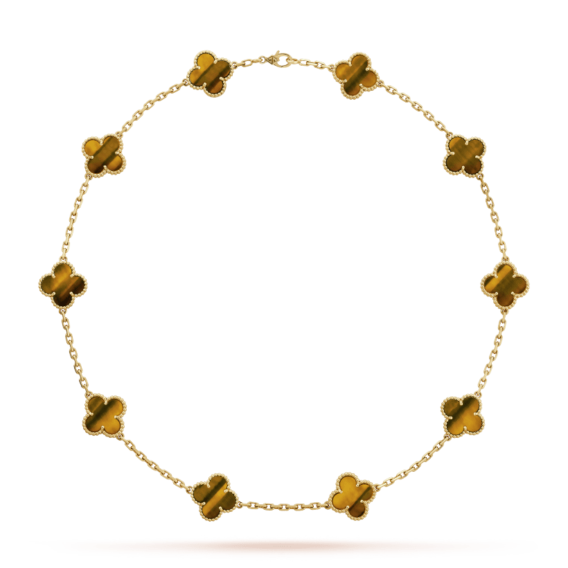 18K Vintage Alhambra Tiger Eye 10 Motifs Necklace