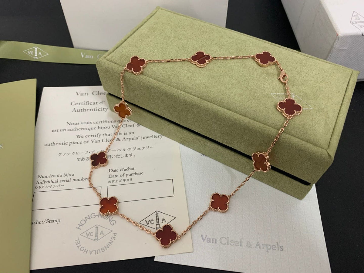 18K Celestial Vintage Alhambra Carnelian 10 Motifs Necklace