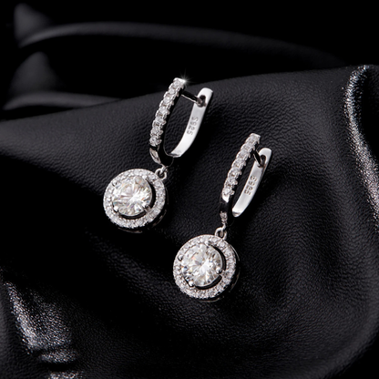 D Color Moissanite Halo Drop Earrings – 925 Sterling Silver