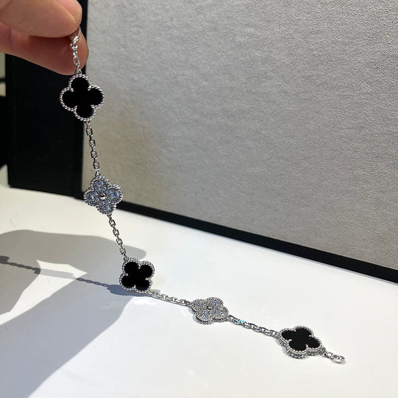 18K Celestial Vintage Alhambra Five Motifs Black Diamonds Clover Bracelet