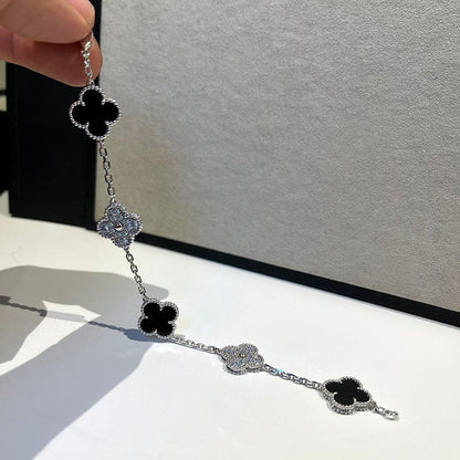 18K Celestial Vintage Alhambra Five Motifs Black Diamonds Clover Bracelet