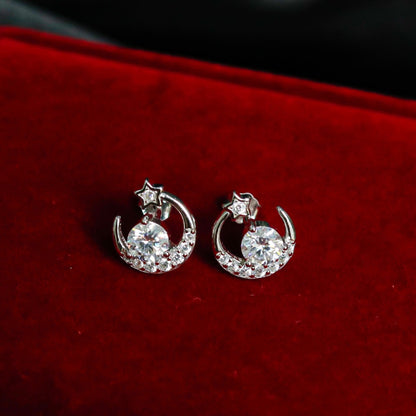 ELOREVA Moon & Star Moissanite Stud Earrings 5mm – Platinum Plated 925 Sterling Silver (GRA Certified)