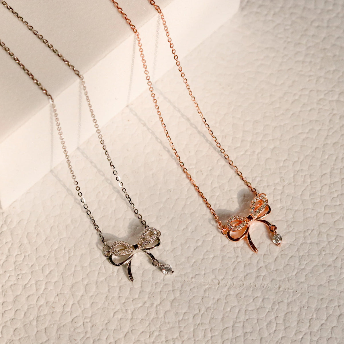 ELOREVA Tiny Bow Ahri Necklace – 18K Rose Gold & Platinum Plated 925 Sterling Silver