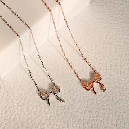 ELOREVA Tiny Bow Ahri Necklace – 18K Rose Gold & Platinum Plated 925 Sterling Silver