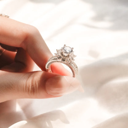 ELOREVA 6mm Moissanite Flower Ring GRA ELVDA07– Platinum Plated 925 Sterling Silver