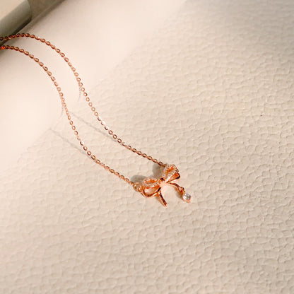 ELOREVA Tiny Bow Ahri Necklace – 18K Rose Gold & Platinum Plated 925 Sterling Silver