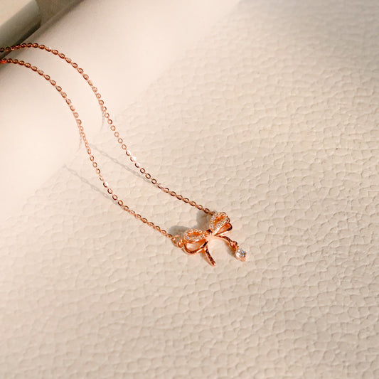 ELOREVA Tiny Bow Ahri Necklace – 18K Rose Gold & Platinum Plated 925 Sterling Silver