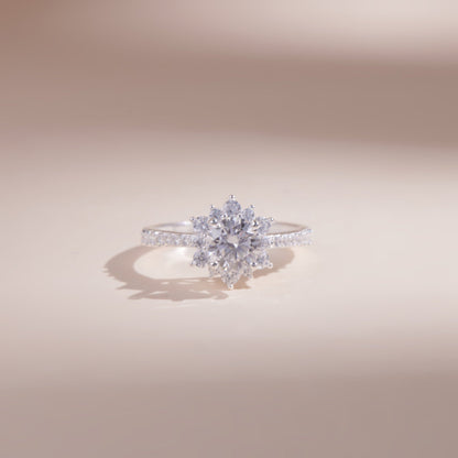 ELOREVA 6mm Moissanite Ten-Petal Flower Ring GRA ELVDA05 – Platinum Plated 925 Sterling Silver