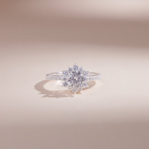 ELOREVA 6mm Moissanite Ten-Petal Flower Ring GRA ELVDA05 – Platinum Plated 925 Sterling Silver