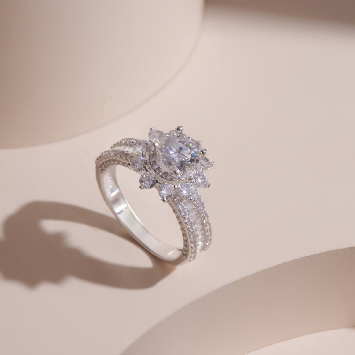 ELOREVA 7mm Moissanite Floral Setting Ring GRA ELVDA04 – Platinum Plated 925 Sterling Silver