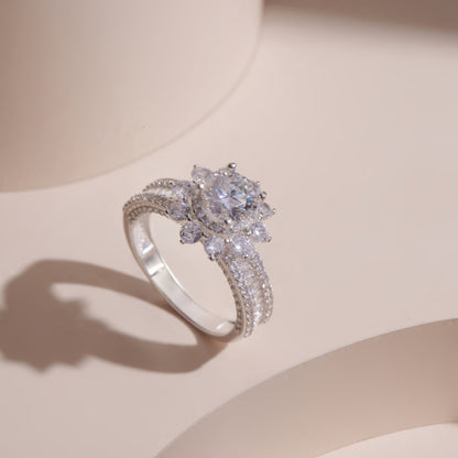 ELOREVA 7mm Moissanite Floral Setting Ring GRA ELVDA04 – Platinum Plated 925 Sterling Silver