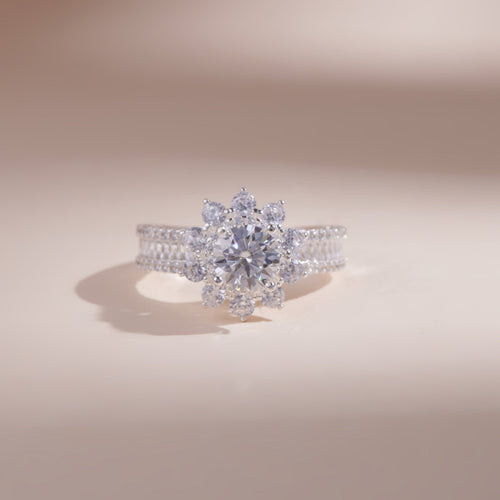 ELOREVA 7mm Moissanite Floral Setting Ring GRA ELVDA04 – Platinum Plated 925 Sterling Silver