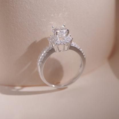 ELOREVA 6mm Moissanite Flower Ring GRA ELVDA07– Platinum Plated 925 Sterling Silver