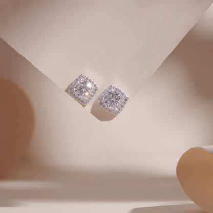 ELOREVA Square Moissanite Stud Earrings 6mm – Platinum Plated 925 Sterling Silver (GRA Certified)