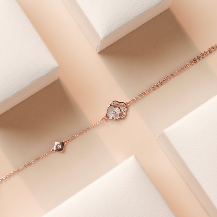 ELOREVA 18K Rose Gold Plated Four Leaf Clover Bracelet – 925 Sterling Silver