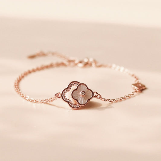 ELOREVA 18K Rose Gold Plated Four Leaf Clover Bracelet – 925 Sterling Silver