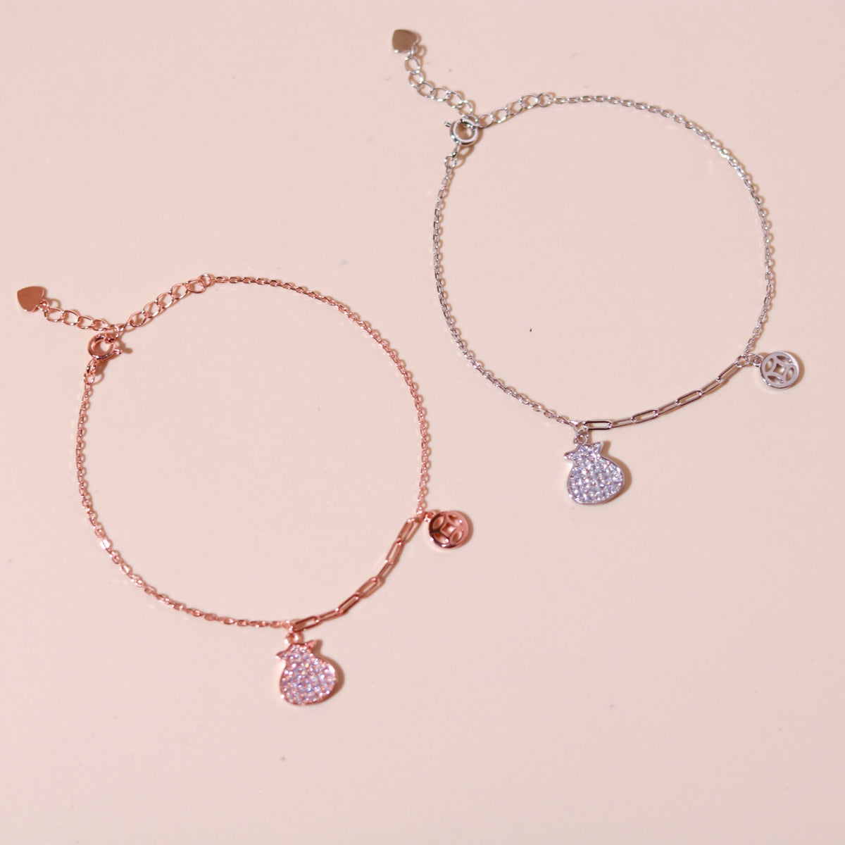 ELOREVA Lucky Coin Pouch Bracelet – Rose Gold & Platinum Plated 925 Sterling Silver