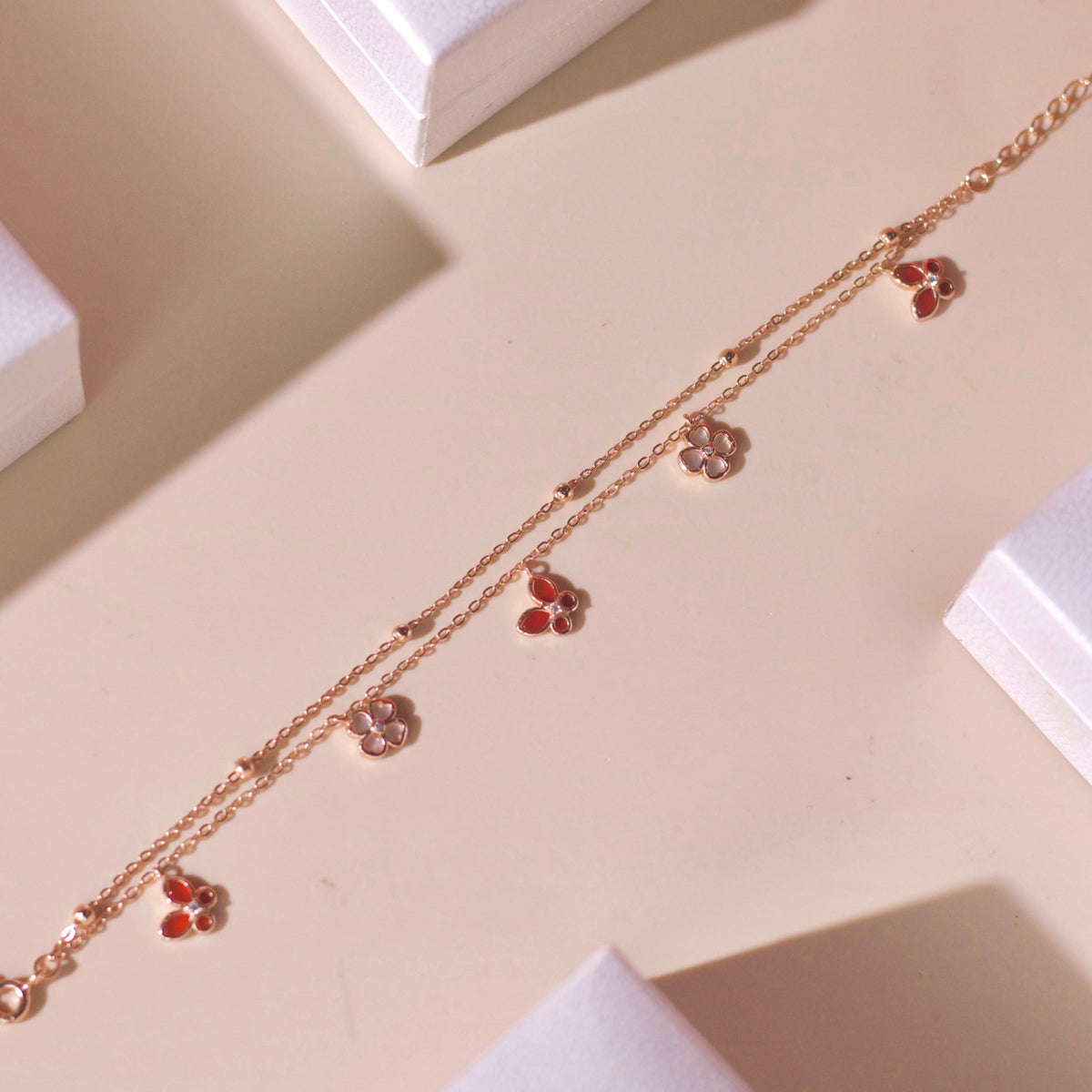 ELOREVA 18K Rose Gold Plated Red Butterfly Clover Bracelet – 925 Sterling Silver