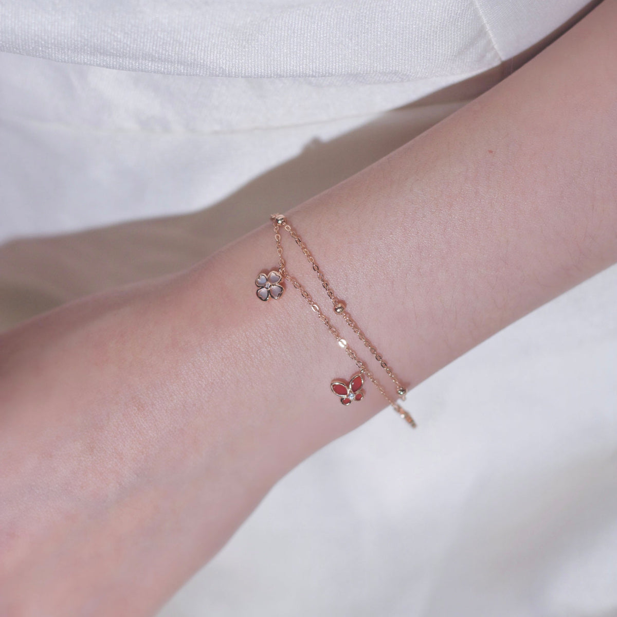 ELOREVA 18K Rose Gold Plated Red Butterfly Clover Bracelet – 925 Sterling Silver