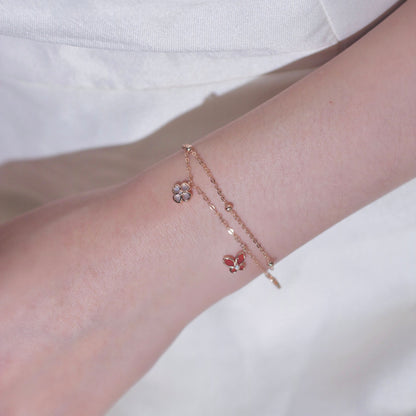 ELOREVA 18K Rose Gold Plated Red Butterfly Clover Bracelet – 925 Sterling Silver