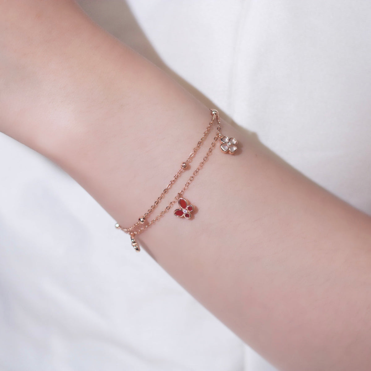 ELOREVA 18K Rose Gold Plated Red Butterfly Clover Bracelet – 925 Sterling Silver