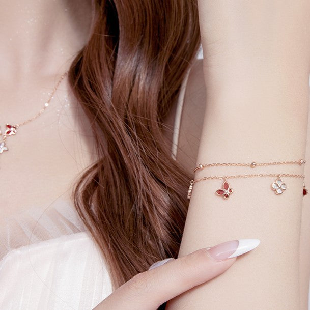 ELOREVA 18K Rose Gold Plated Red Butterfly Clover Bracelet – 925 Sterling Silver