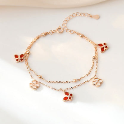 ELOREVA 18K Rose Gold Plated Red Butterfly Clover Bracelet – 925 Sterling Silver
