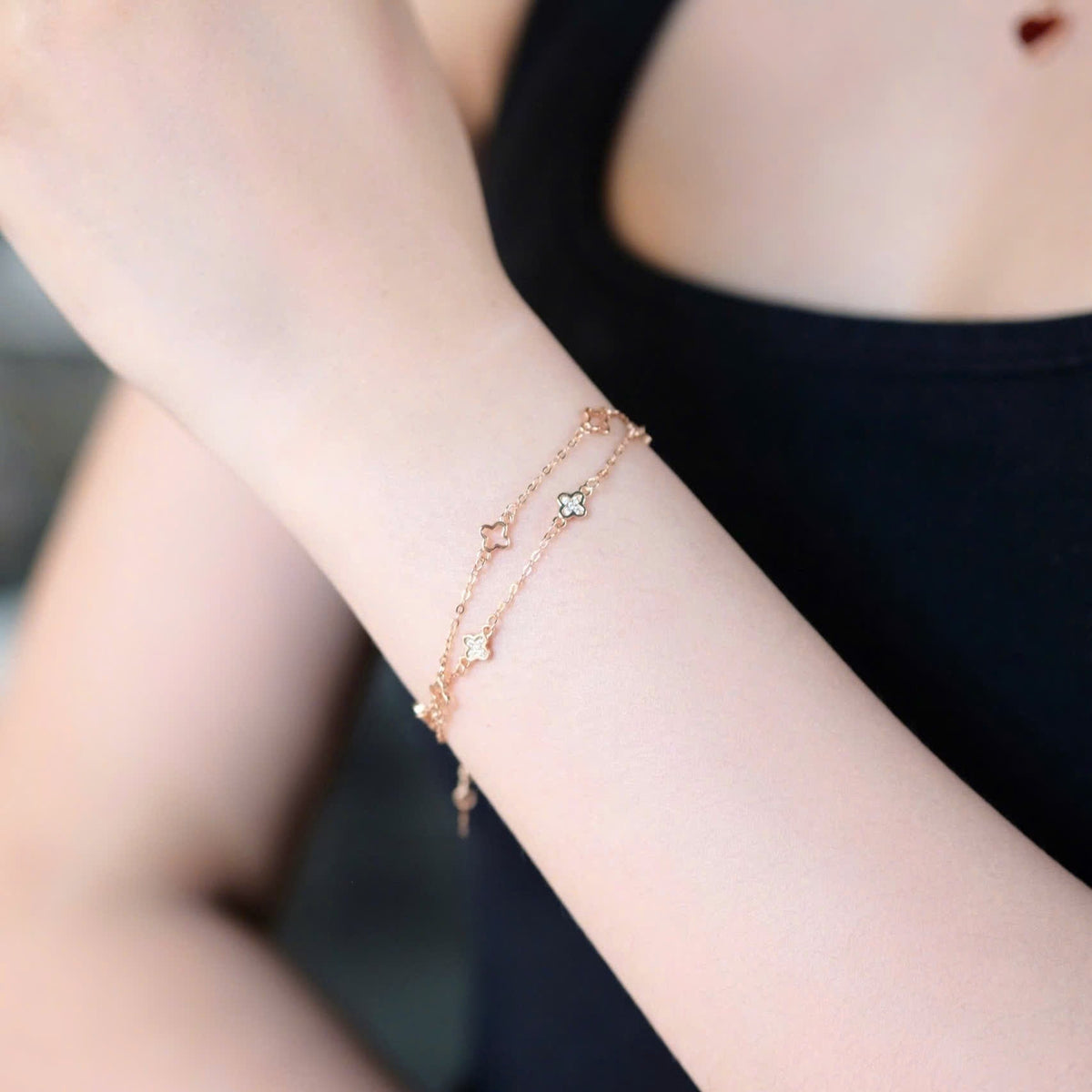 ELOREVA Hera Double-Chain Four-Leaf Clover Bracelet – Rose Gold & Platinum Plated 925 Sterling Silver
