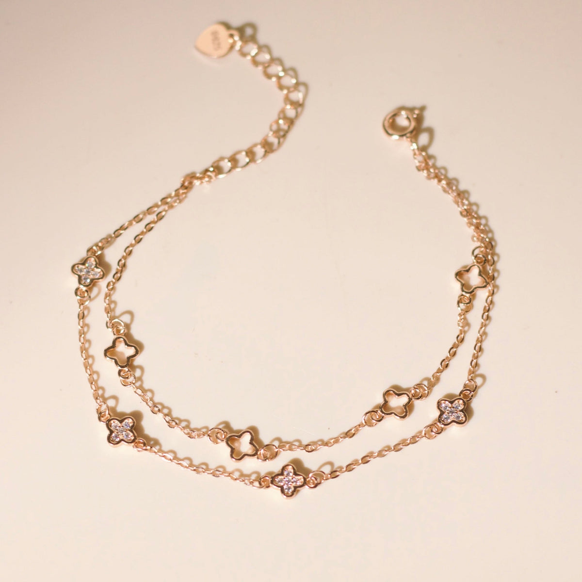 ELOREVA Hera Double-Chain Four-Leaf Clover Bracelet – Rose Gold & Platinum Plated 925 Sterling Silver