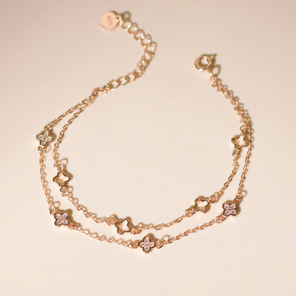 ELOREVA Hera Double-Chain Four-Leaf Clover Bracelet – Rose Gold & Platinum Plated 925 Sterling Silver