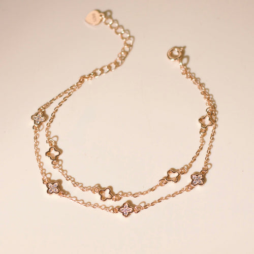 ELOREVA Hera Double-Chain Four-Leaf Clover Bracelet – Rose Gold & Platinum Plated 925 Sterling Silver