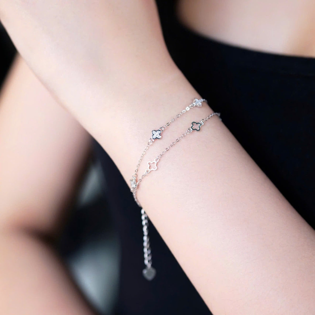 ELOREVA Hera Double-Chain Four-Leaf Clover Bracelet – Rose Gold & Platinum Plated 925 Sterling Silver