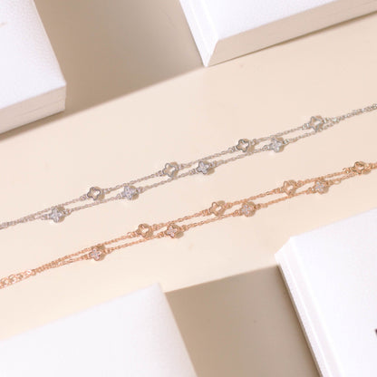 ELOREVA Hera Double-Chain Four-Leaf Clover Bracelet – Rose Gold & Platinum Plated 925 Sterling Silver