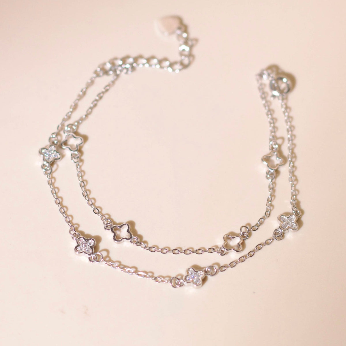 ELOREVA Hera Double-Chain Four-Leaf Clover Bracelet – Rose Gold & Platinum Plated 925 Sterling Silver