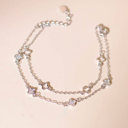 ELOREVA Hera Double-Chain Four-Leaf Clover Bracelet – Rose Gold & Platinum Plated 925 Sterling Silver