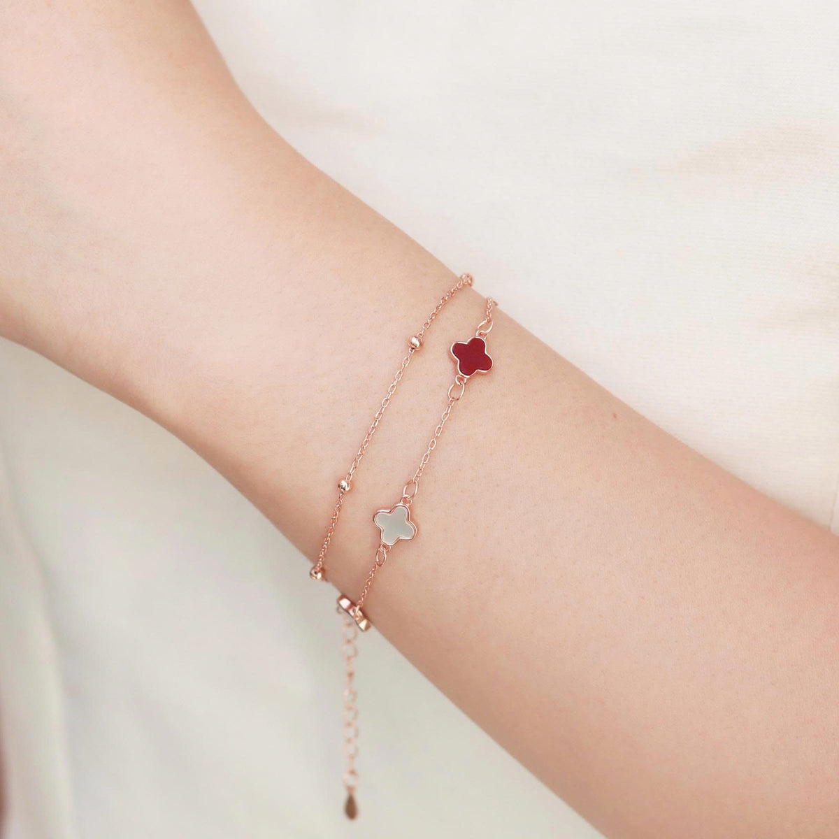 ELOREVA 18K Rose Gold Plated Ruby Clover Bracelet – 925 Sterling Silver