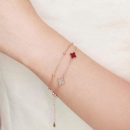 ELOREVA 18K Rose Gold Plated Ruby Clover Bracelet – 925 Sterling Silver