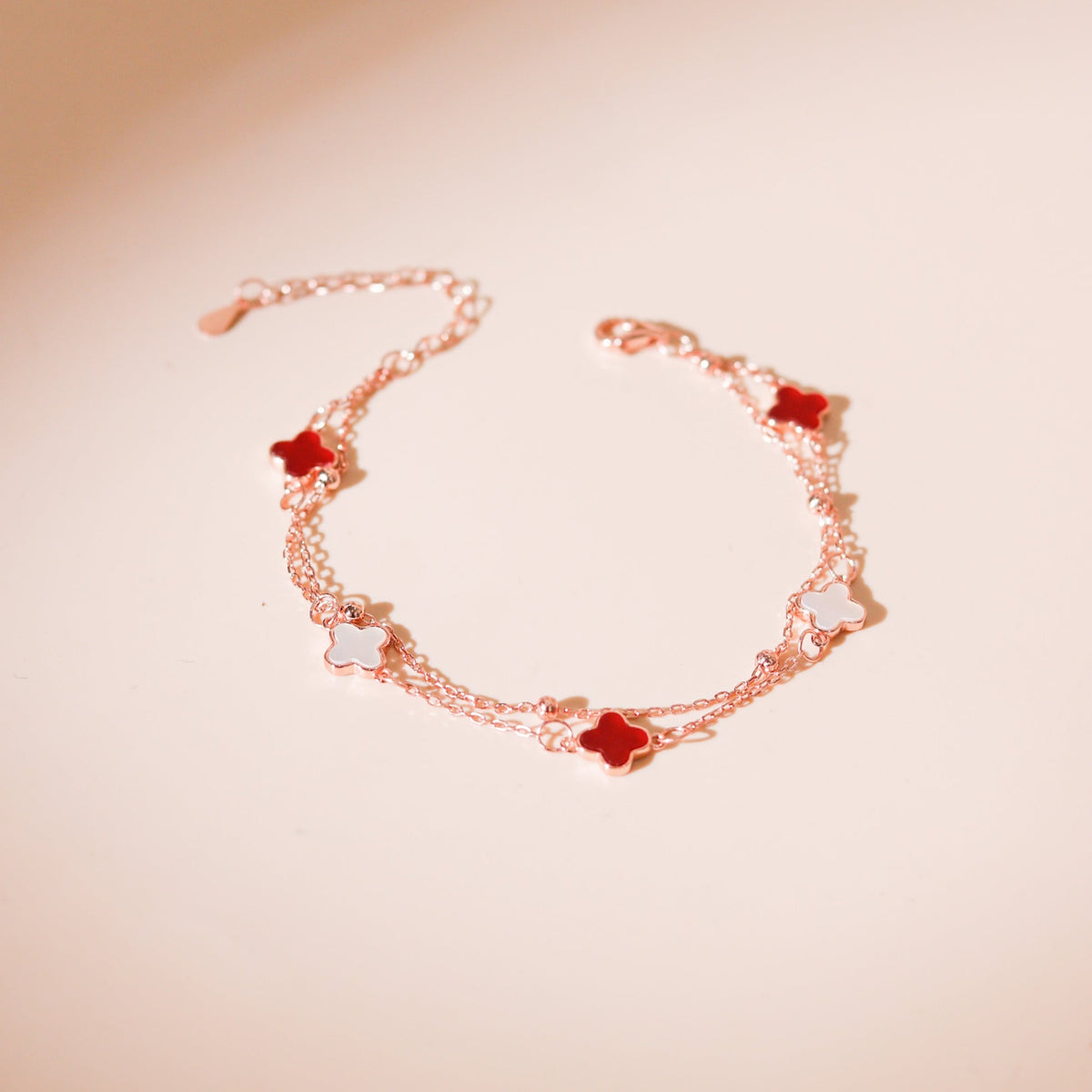 ELOREVA 18K Rose Gold Plated Ruby Clover Bracelet – 925 Sterling Silver
