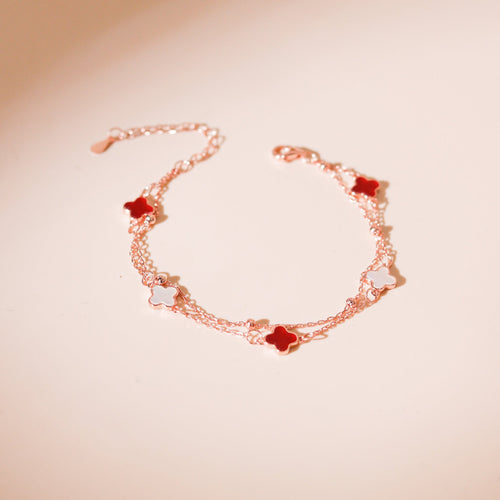 ELOREVA 18K Rose Gold Plated Ruby Clover Bracelet – 925 Sterling Silver