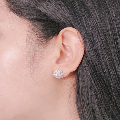 ELOREVA  Shella Eight-Petal Flower Moissanite Earrings in 925 Sterling Silver – Platinum Finish