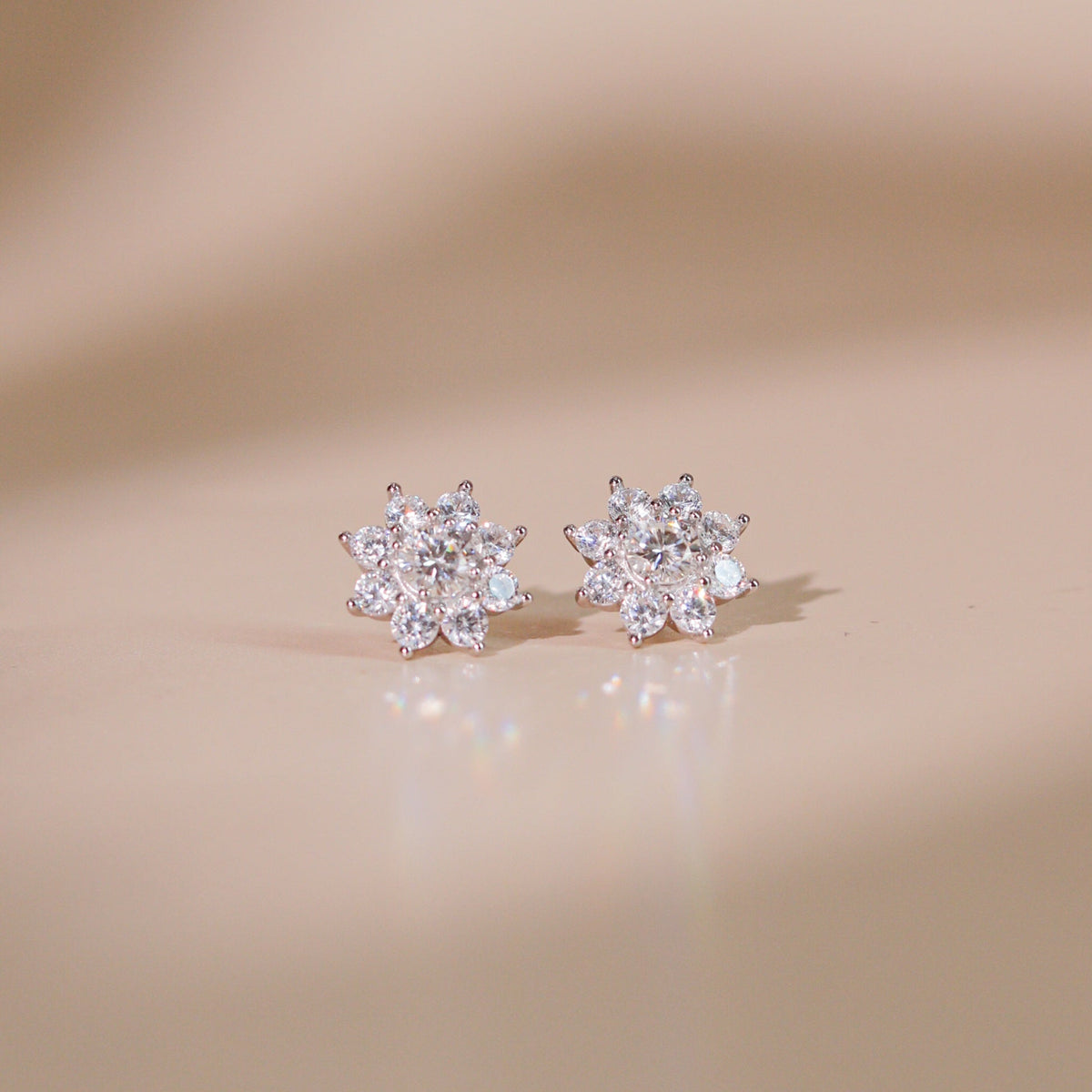 ELOREVA  Shella Eight-Petal Flower Moissanite Earrings in 925 Sterling Silver – Platinum Finish