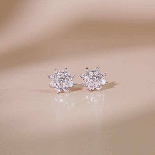 ELOREVA  Shella Eight-Petal Flower Moissanite Earrings in 925 Sterling Silver – Platinum Finish