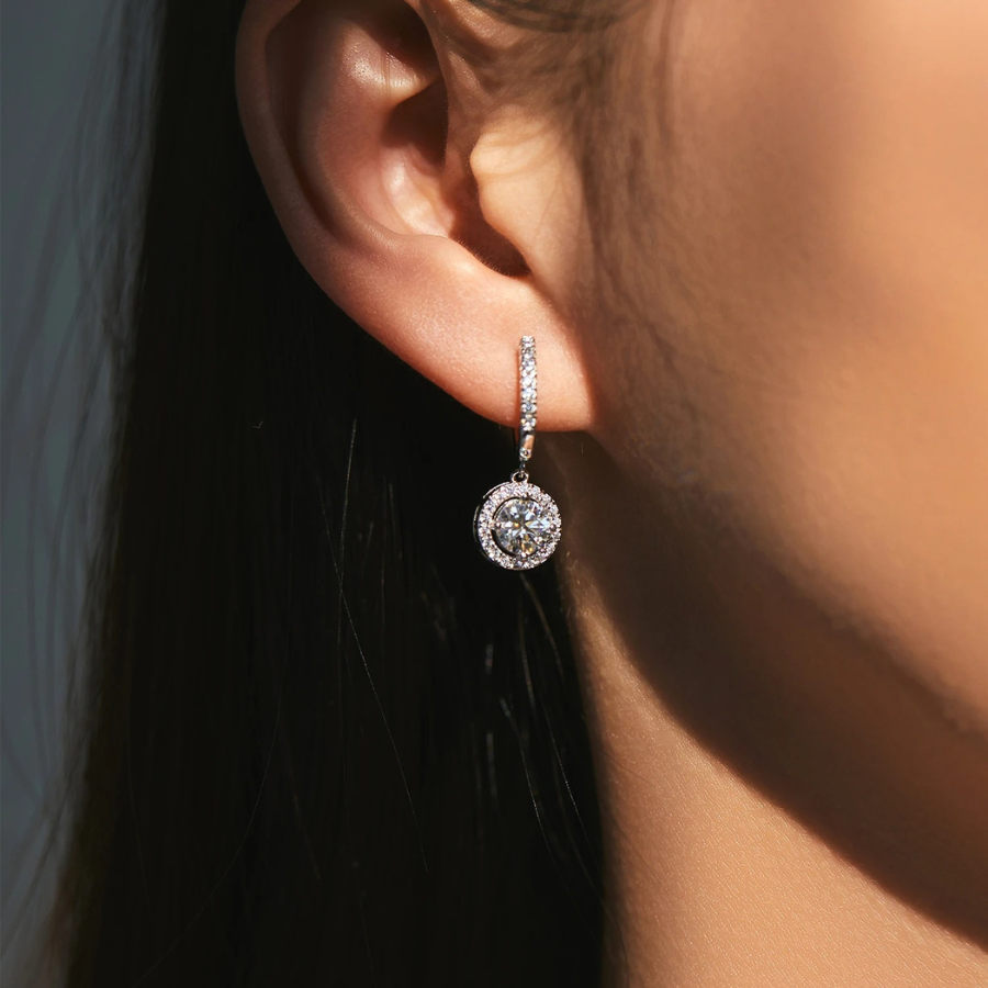 D Color Moissanite Halo Drop Earrings – 925 Sterling Silver