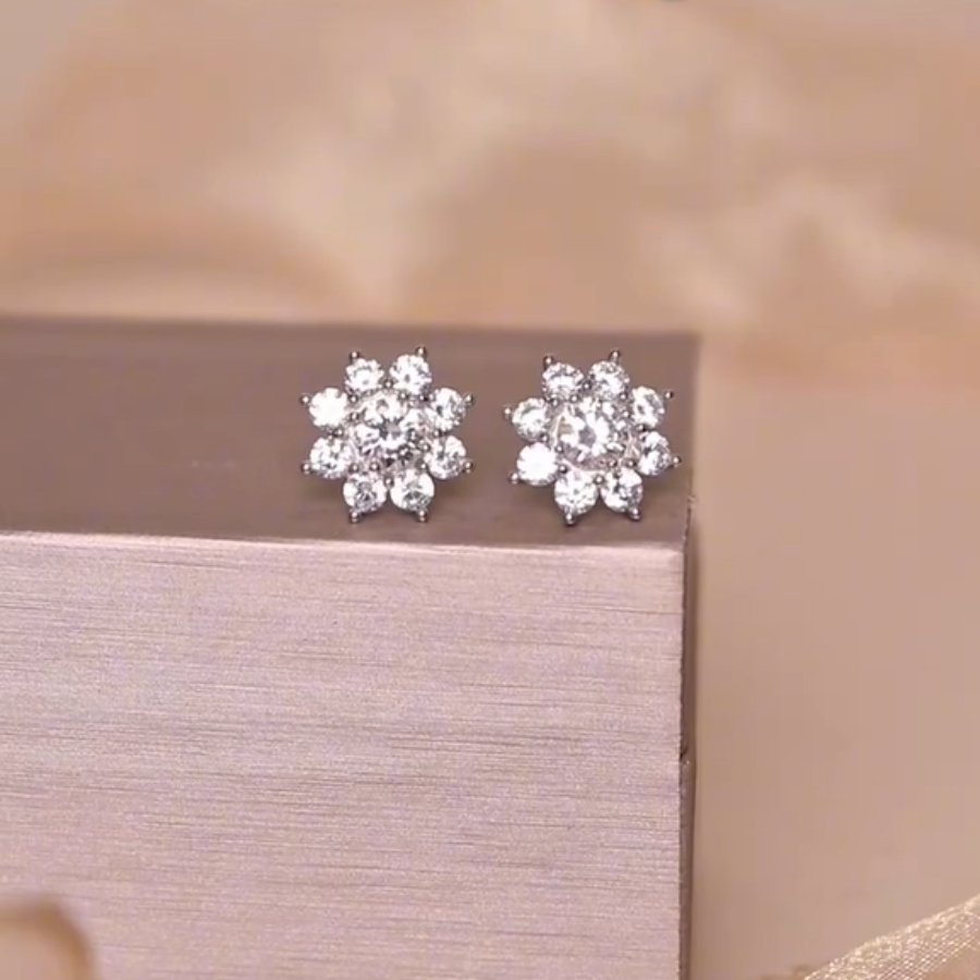 ELOREVA  Shella Eight-Petal Flower Moissanite Earrings in 925 Sterling Silver – Platinum Finish
