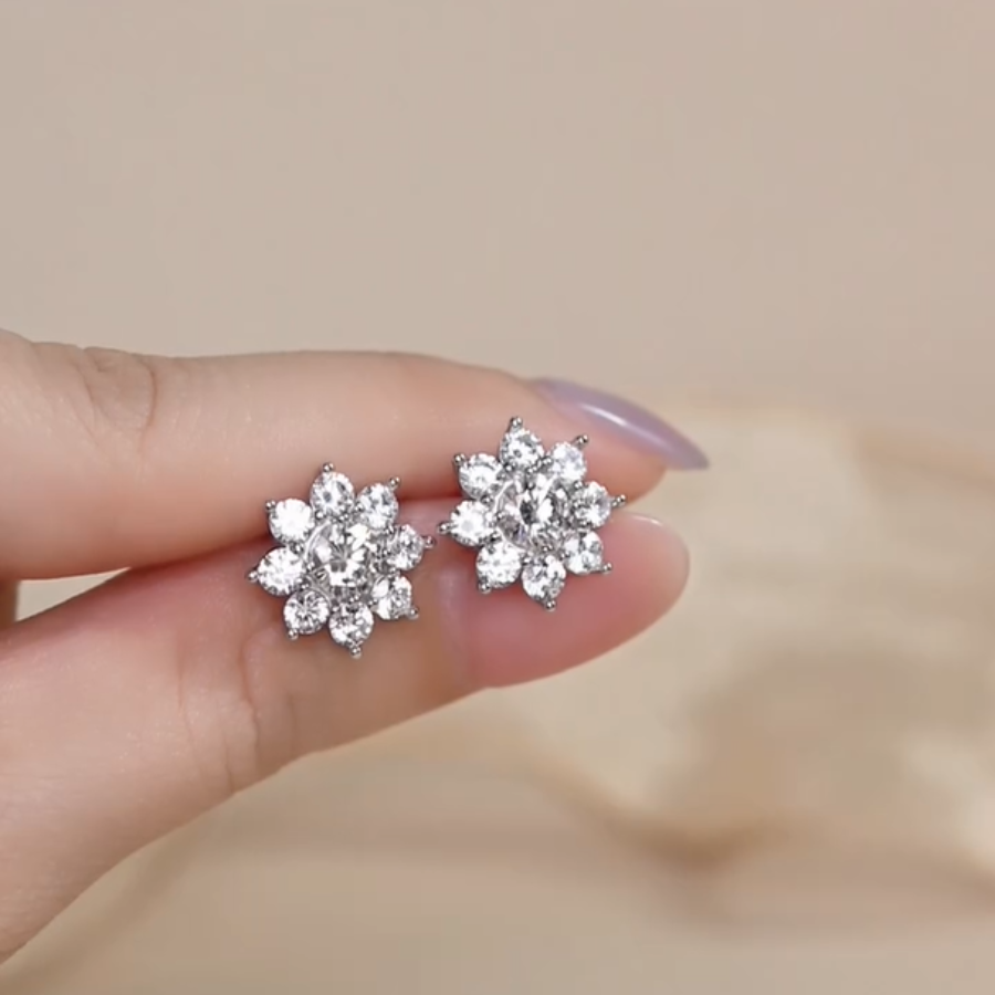 ELOREVA  Shella Eight-Petal Flower Moissanite Earrings in 925 Sterling Silver – Platinum Finish