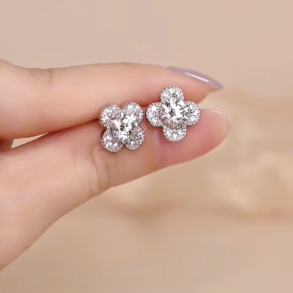 ELOREVA 6.5mm Moissanite Four Leaf Clover Earrings GRA – Platinum Plated 925 Sterling Silver