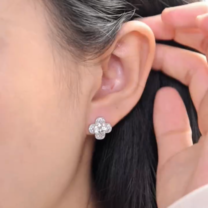 ELOREVA 6.5mm Moissanite Four Leaf Clover Earrings GRA – Platinum Plated 925 Sterling Silver