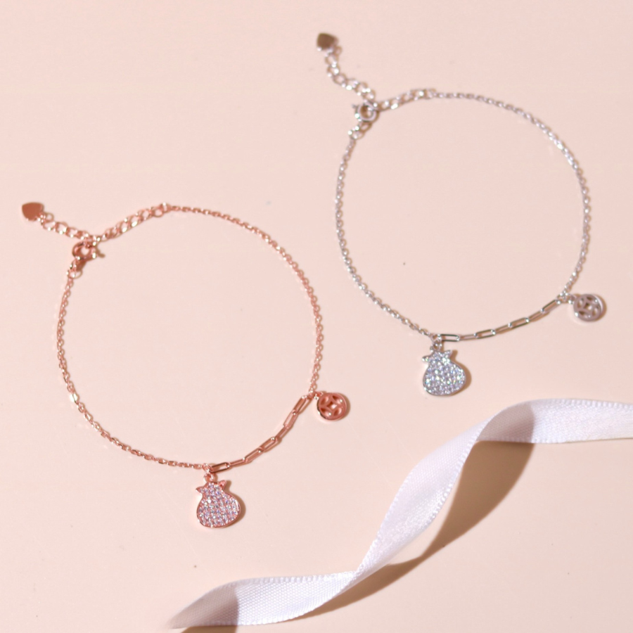 ELOREVA Lucky Coin Pouch Bracelet – Rose Gold & Platinum Plated 925 Sterling Silver
