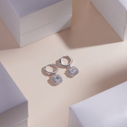 ELOREVA Square Moissanite Stud Earrings 5mm – Platinum Plated 925 Sterling Silver (GRA Certified)
